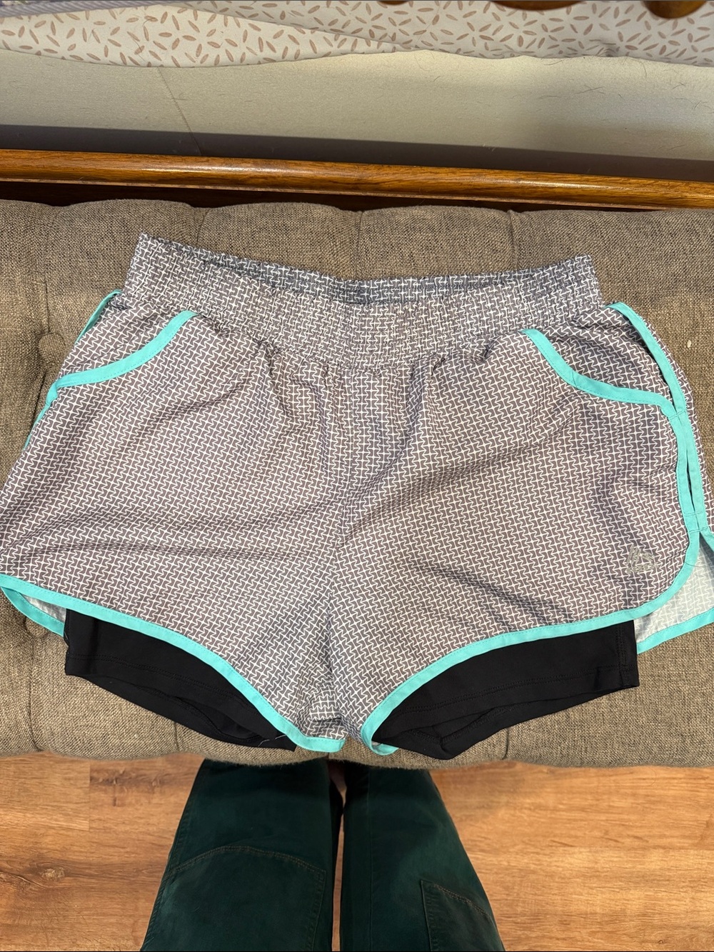 Women’s Gray Patterned Active Shorts with Turquoise Trim
